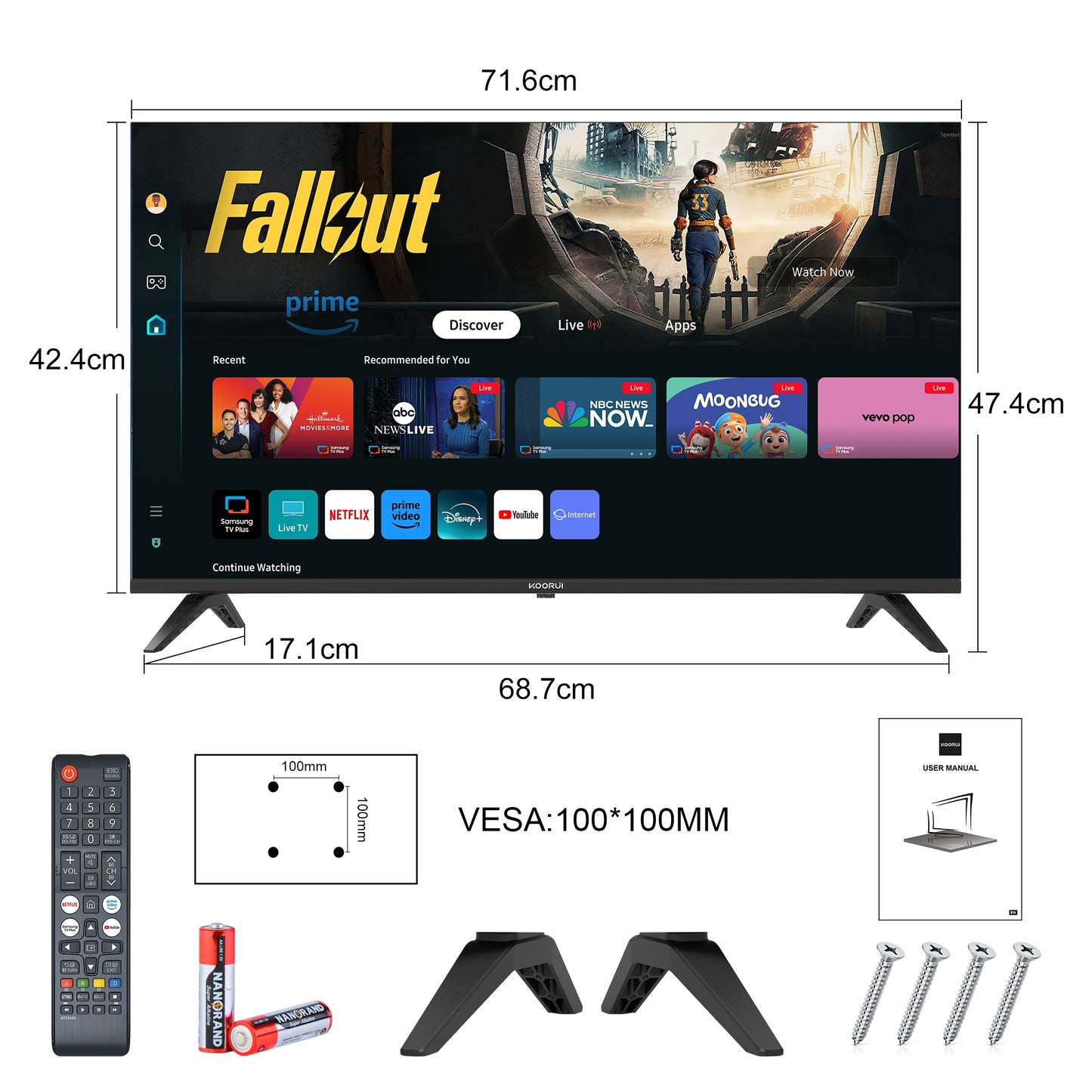 Koorui Smart TV - Tizen TV by Samsung - QLED Full HD - 32 inch/81 cm - Streaming apps - AirPlay - Hotelmodus - HDMI x3, USB x2, CI+ - Tripple Tuner DVB-T/T2/S/S2/C - Frameless Design - Geassembleerd in Eindhoven - K32Q1FFQ-T8