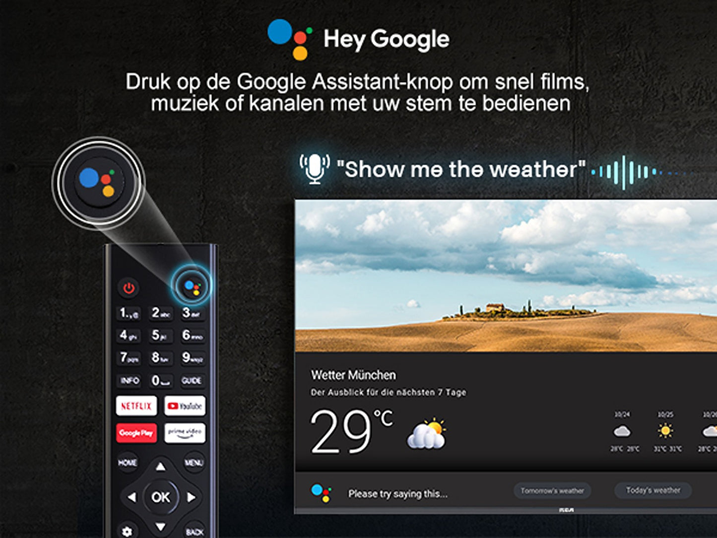 RCA Google Smart TV - LED HD - 32 inch/82 cm - Frameless Design - Enkelvoudige standaard - Tripple Tuner DVB-T/T2/S/S2/C - HDMI x3, USB x2, CI+ - Voice Controle & Streaming apps - Geassembleerd in Eindhoven - SRG32HQ1C