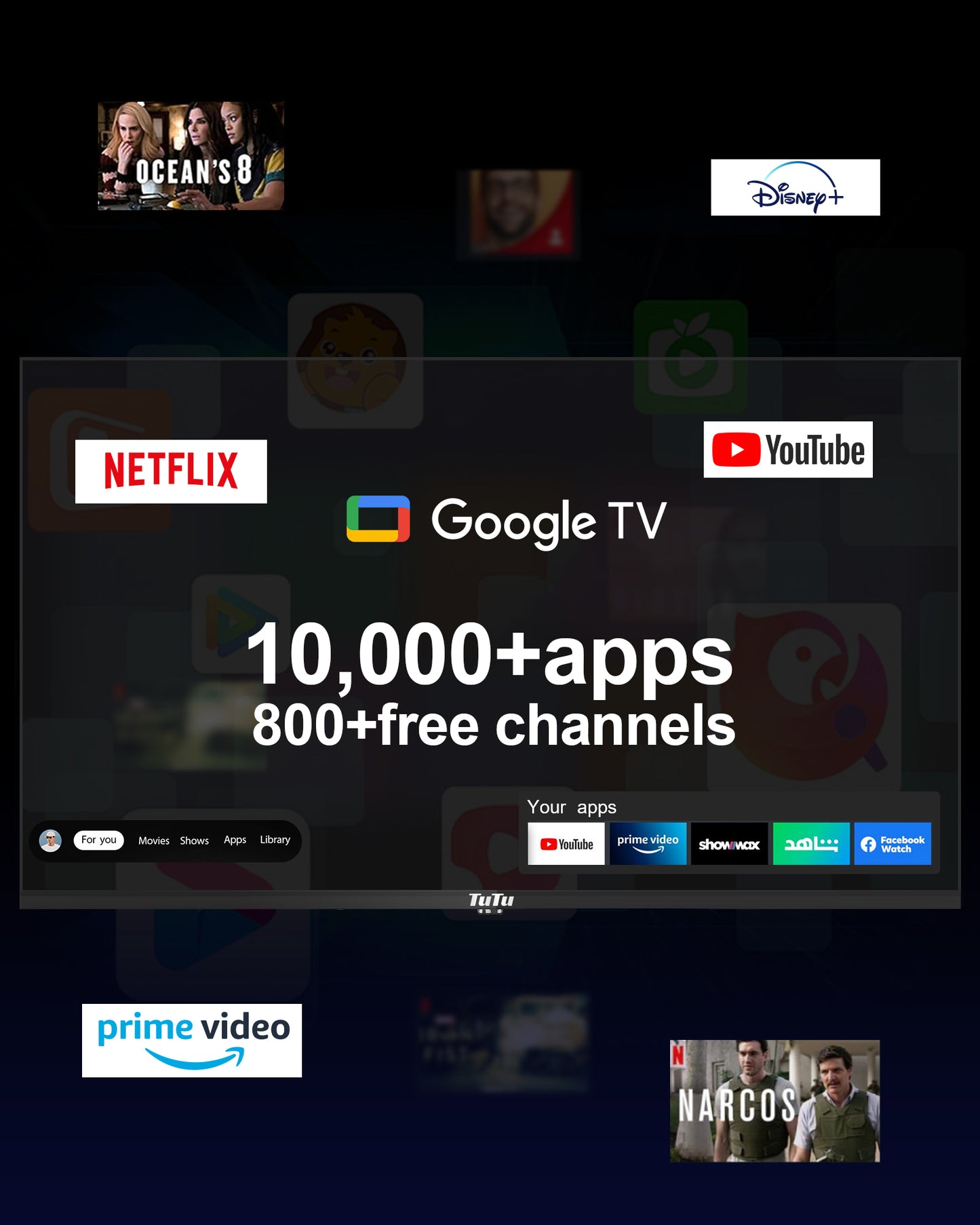 TuTu Google Smart TV - LED HD - 32 Inch/82 cm - Frameless Design - Tripple Tuner DVB-T/T2/S/S2/C - HDMI x3, USB x2, CI+ - Voice Controle & Streaming apps - Geassembleerd in Eindhoven - TUG32HQ1