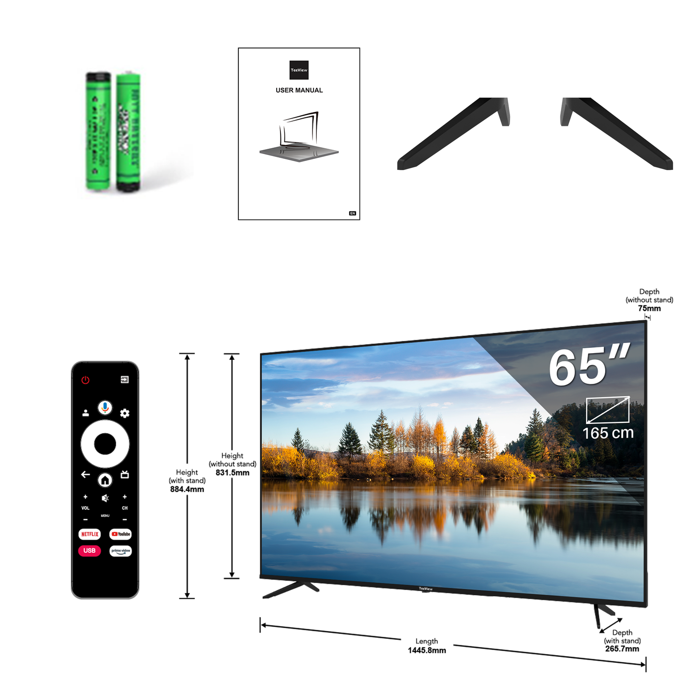 Google Smart TV | TeeView 65 inch 4K Ultra HD | 3xHDMI 2x USB | Ci+ | Triple Tuner DVB-T/T2/S/S2/C | Frameless Design | in Eindhoven geassembleerd | TV65QUG-EU