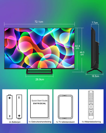 TuTu Google Smart TV - LED HD - 32 Inch/82 cm - Frameless Design - Tripple Tuner DVB-T/T2/S/S2/C - HDMI x3, USB x2, CI+ - Voice Controle & Streaming apps - Geassembleerd in Eindhoven - TUG32HQ1