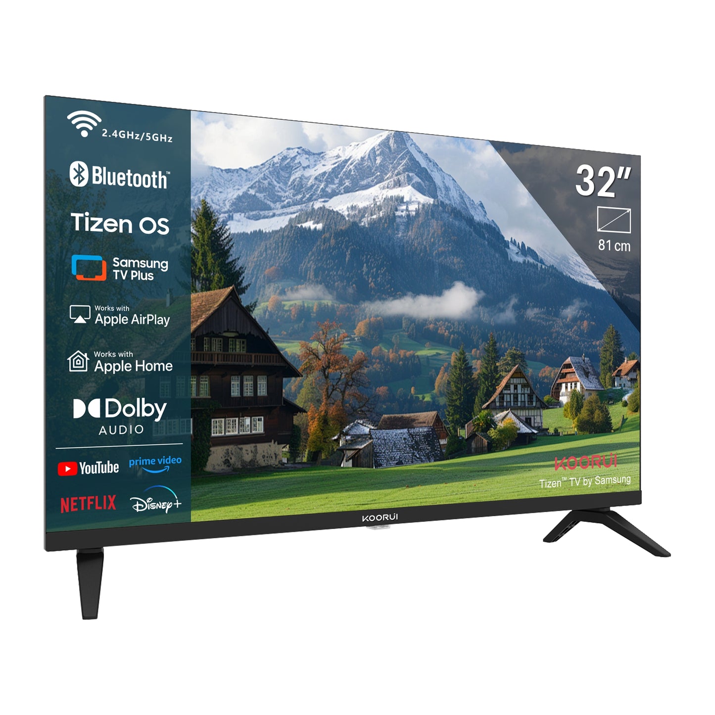 Koorui Smart TV - Tizen TV by Samsung - QLED Full HD - 32 inch/81 cm - Streaming apps - AirPlay - Hotelmodus - HDMI x3, USB x2, CI+ - Tripple Tuner DVB-T/T2/S/S2/C - Frameless Design - Geassembleerd in Eindhoven - K32Q1FFQ-T8