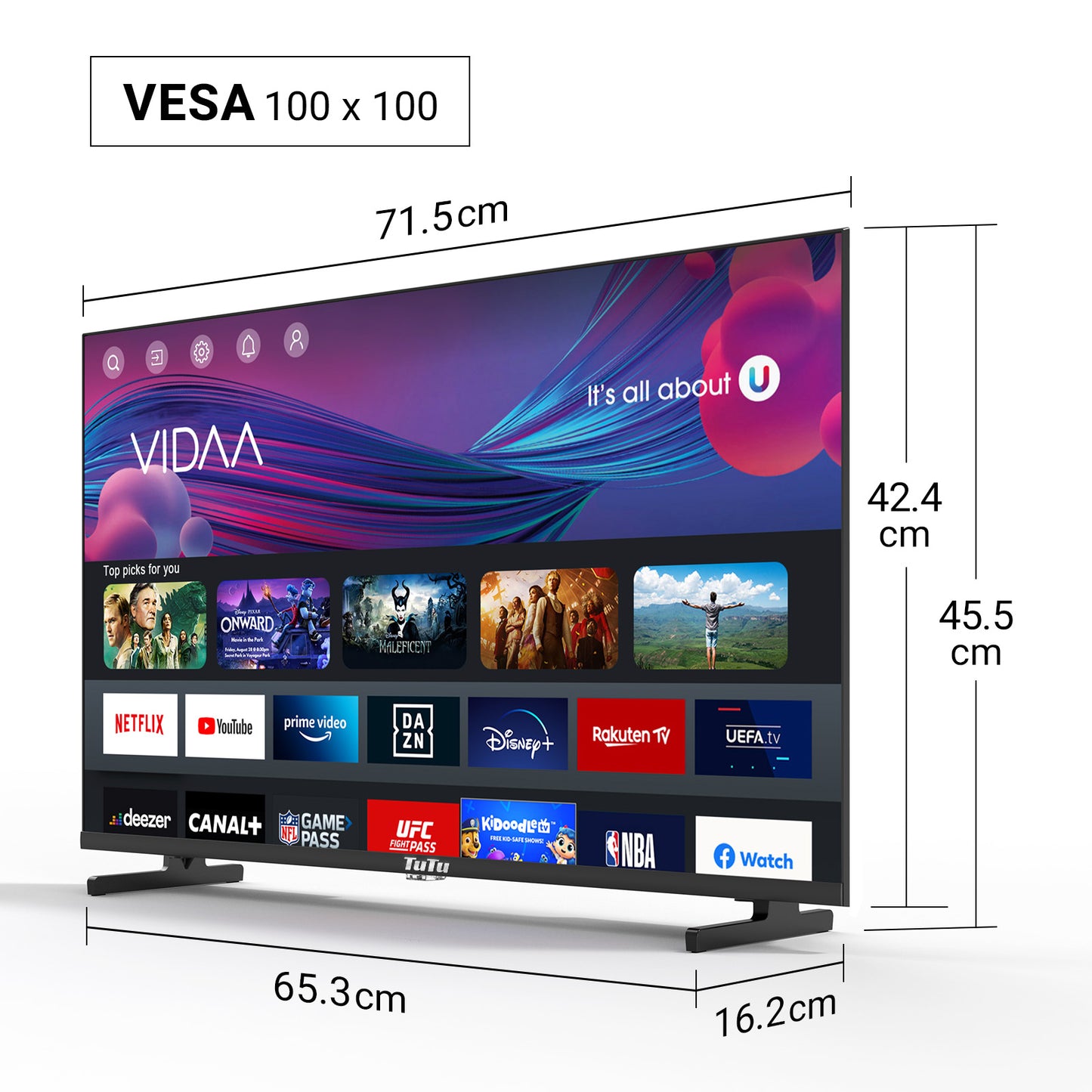 TuTu Vidaa TV - LED HD - 32 inch/82 cm - Frameless Design - Tripple Tuner DVB-T/T2/S/S2/C - HDMI x3, USB x2, CI+ - Streaming apps - In Eindhoven geassembleerd -	TUV32HQ1B