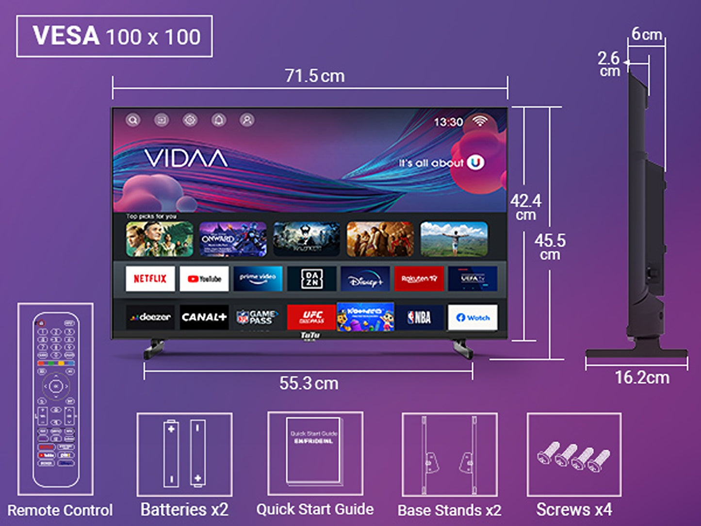 TuTu Vidaa TV - LED HD - 32 inch/82 cm - Frameless Design - Tripple Tuner DVB-T/T2/S/S2/C - HDMI x3, USB x2, CI+ - Streaming apps - In Eindhoven geassembleerd -	TUV32HQ1B