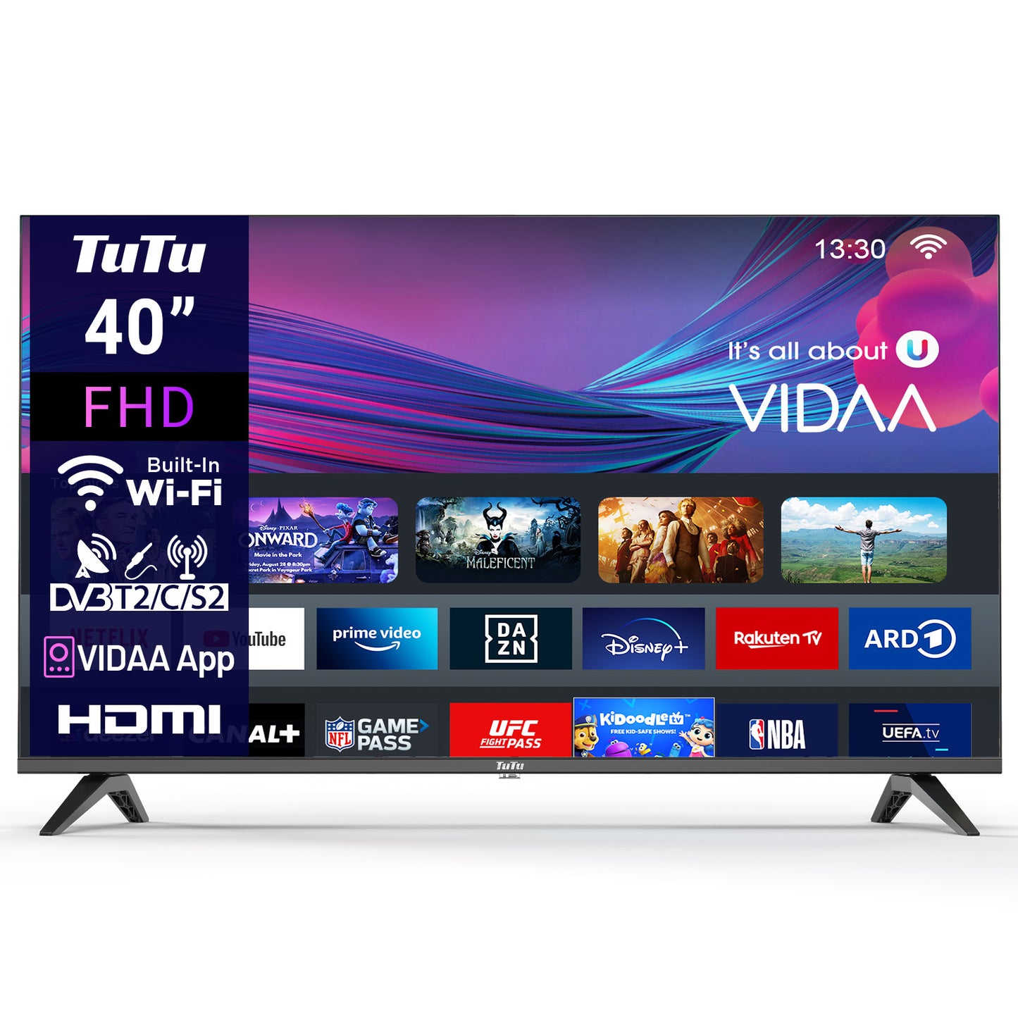 TuTu VIDAA TV - LED Full HD - 40 inch/102 cm - Frameless Design - Tripple Tuner DVB-T/T2/S/S2/C - HDMI x3, USB x2, CI+ - Streaming apps - In Eindhoven geassembleerd - TUV40FQ1