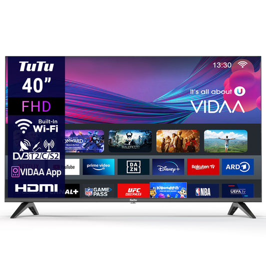 TuTu VIDAA TV - LED Full HD - 40 inch/102 cm - Frameless Design - Tripple Tuner DVB-T/T2/S/S2/C - HDMI x3, USB x2, CI+ - Streaming apps - In Eindhoven geassembleerd - TUV40FQ1