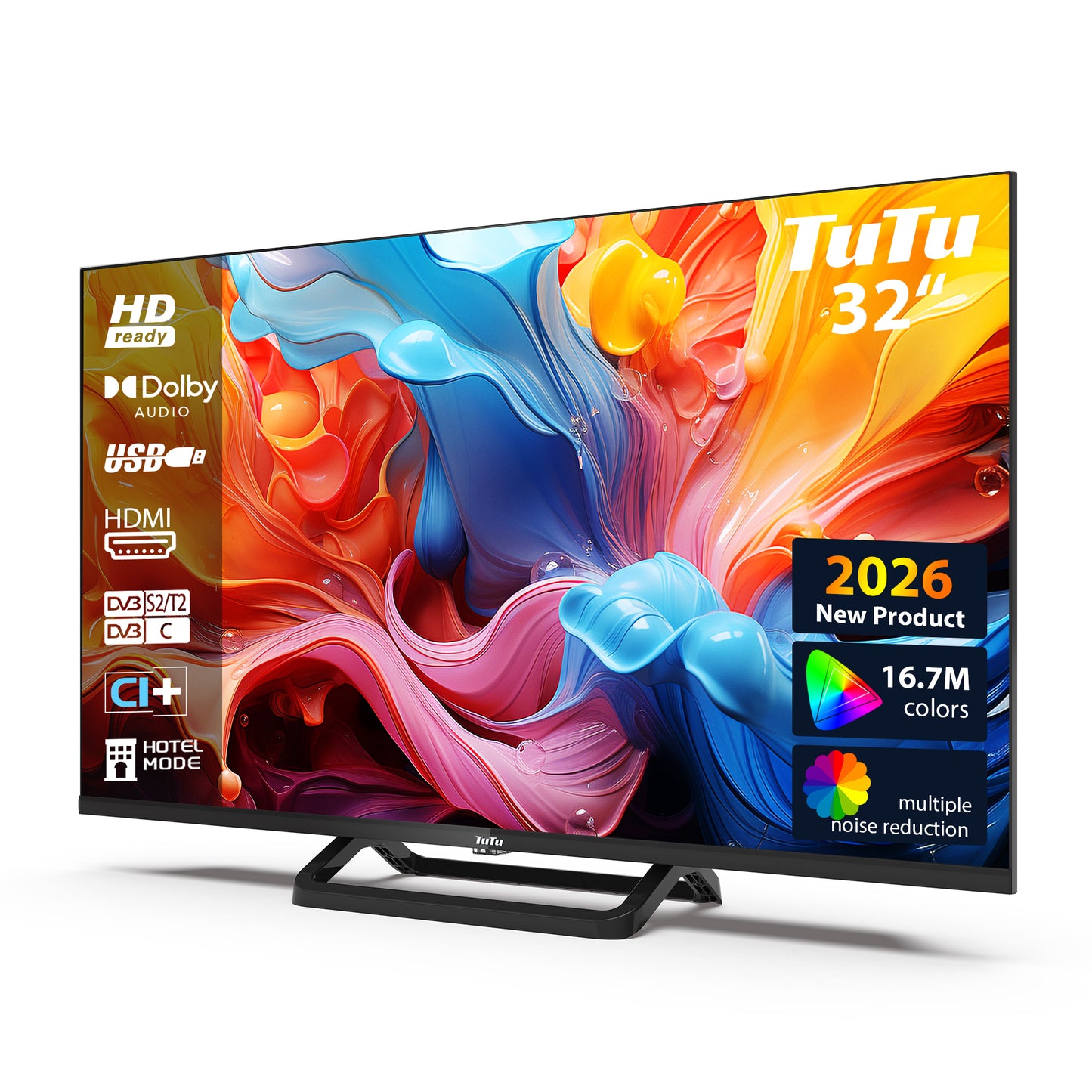 TuTu Standaard TV - LED HD - 32 inch/82 cm - Frameless Design - Enkelvoudige standaard - Tripple Tuner DVB-T/T2/S/S2/C - HDMI x3, USB x2, CI+ -	 In Eindhoven geassembleerd - TUB32HN1NC