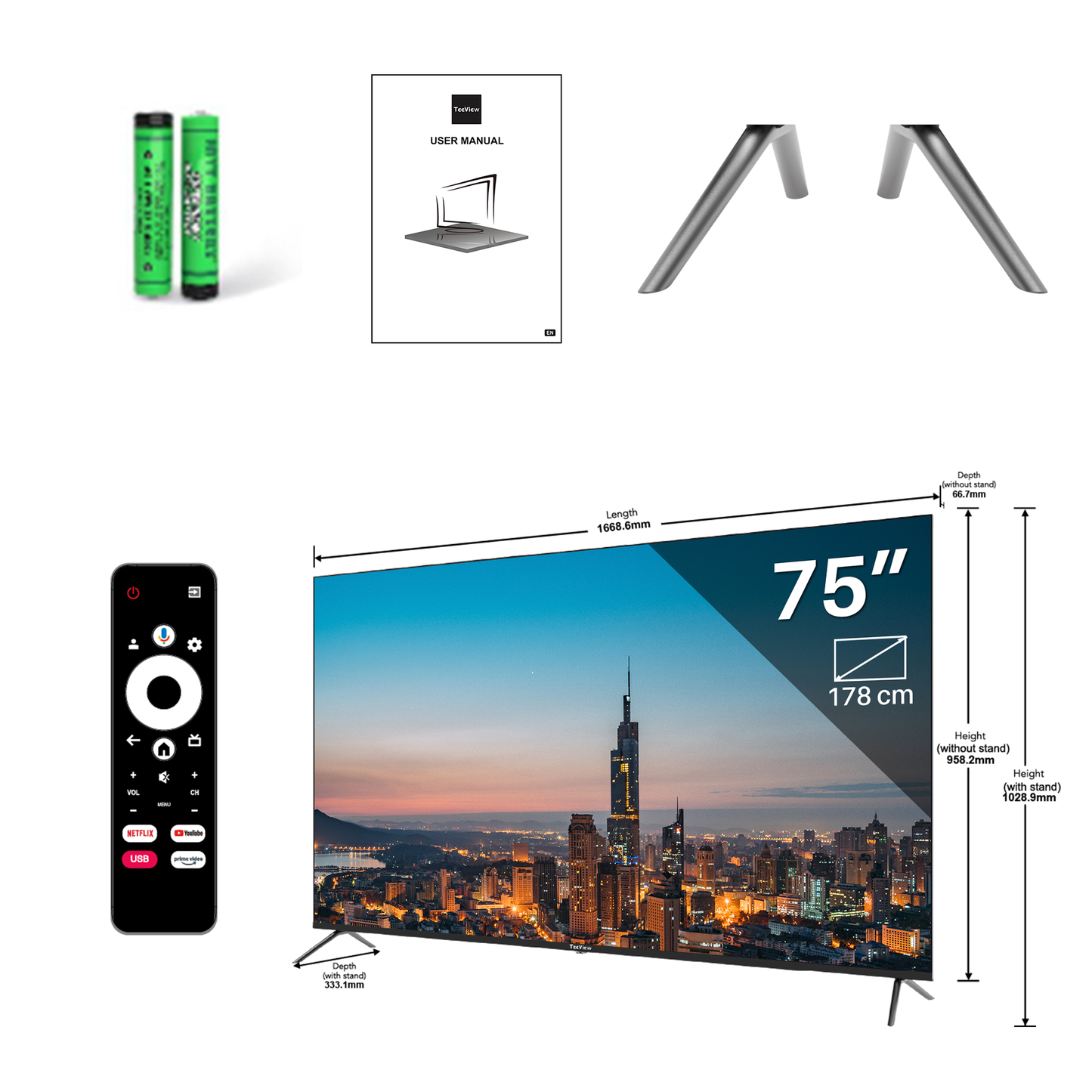 TeeView Google Smart TV - QLED 4K - 75 inch/191 cm - Frameless Design - Tripple Tuner DVB-T/T2/S/S2/C - HDMI x3, USB x2, CI+ - Voice Controle	& Streaming apps - In Eindhoven geassembleerd - TV75QQG-EU