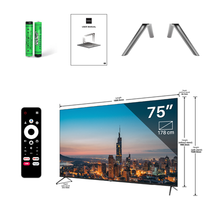 TeeView Google Smart TV - QLED 4K - 75 inch/191 cm - Frameless Design - Tripple Tuner DVB-T/T2/S/S2/C - HDMI x3, USB x2, CI+ - Voice Controle	& Streaming apps - In Eindhoven geassembleerd - TV75QQG-EU