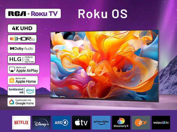 RCA  Roku Smart TV - LED UHD 4K - 43 inch/110 cm - Frameless Design - Tripple Tuner DVB-T/T2/S/S2/C - HDMI x3, USB x2, CI+ - Geassembleerd in Eindhoven - RK43UN1