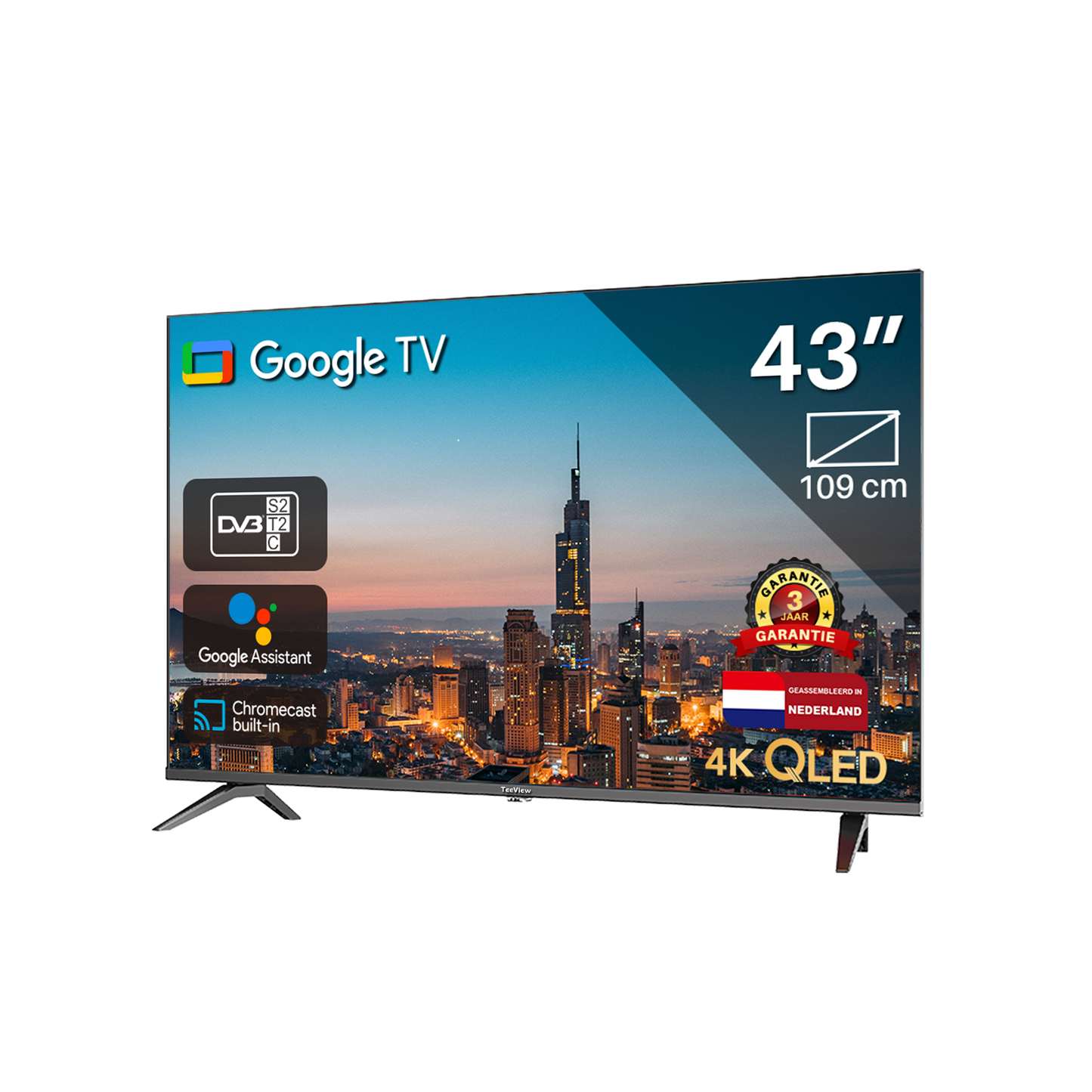 Google Smart TV | TeeView 43 inch QLED TV, 4K Ultra HD Google TV | 3xHDMI 2x USB | Ci+ | Triple Tuner DVB-T/T2/S/S2/C | Frameless Design | in Eindhoven geassembleerd | TV43QQG-EU