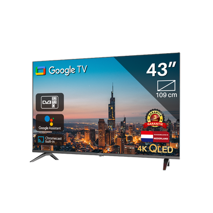 Google Smart TV | TeeView 43 inch QLED TV, 4K Ultra HD Google TV | 3xHDMI 2x USB | Ci+ | Triple Tuner DVB-T/T2/S/S2/C | Frameless Design | in Eindhoven geassembleerd | TV43QQG-EU