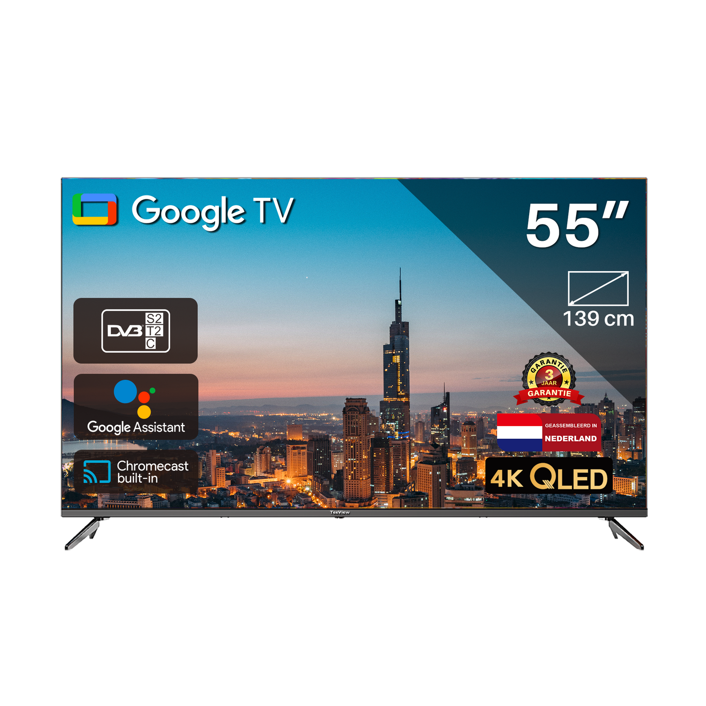 Google Smart TV | TeeView QLED TV 55 inch | 4K Ultra HD | Frameless Design | in Eindhoven geassembleerd | TV55QQG-EU