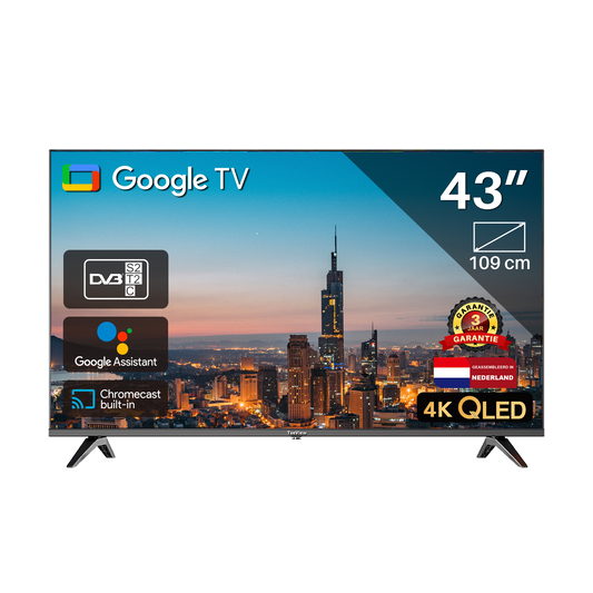 Google Smart TV | TeeView 43 inch QLED TV, 4K Ultra HD Google TV | 3xHDMI 2x USB | Ci+ | Triple Tuner DVB-T/T2/S/S2/C | Frameless Design | in Eindhoven geassembleerd | TV43QQG-EU