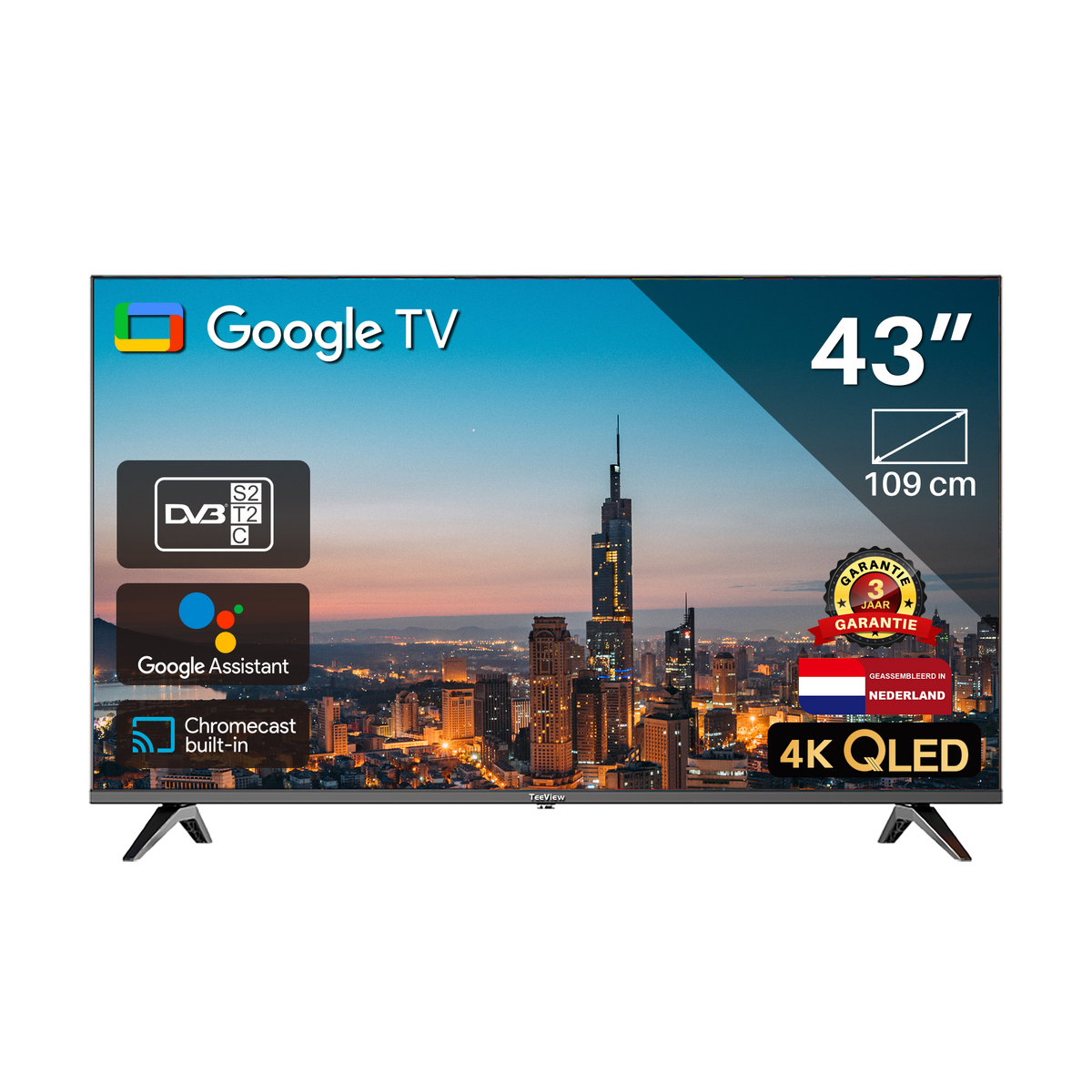 Google Smart TV | TeeView 43 inch QLED TV, 4K Ultra HD Google TV | 3xHDMI 2x USB | Ci+ | Triple Tuner DVB-T/T2/S/S2/C | Frameless Design | in Eindhoven geassembleerd | TV43QQG-EU