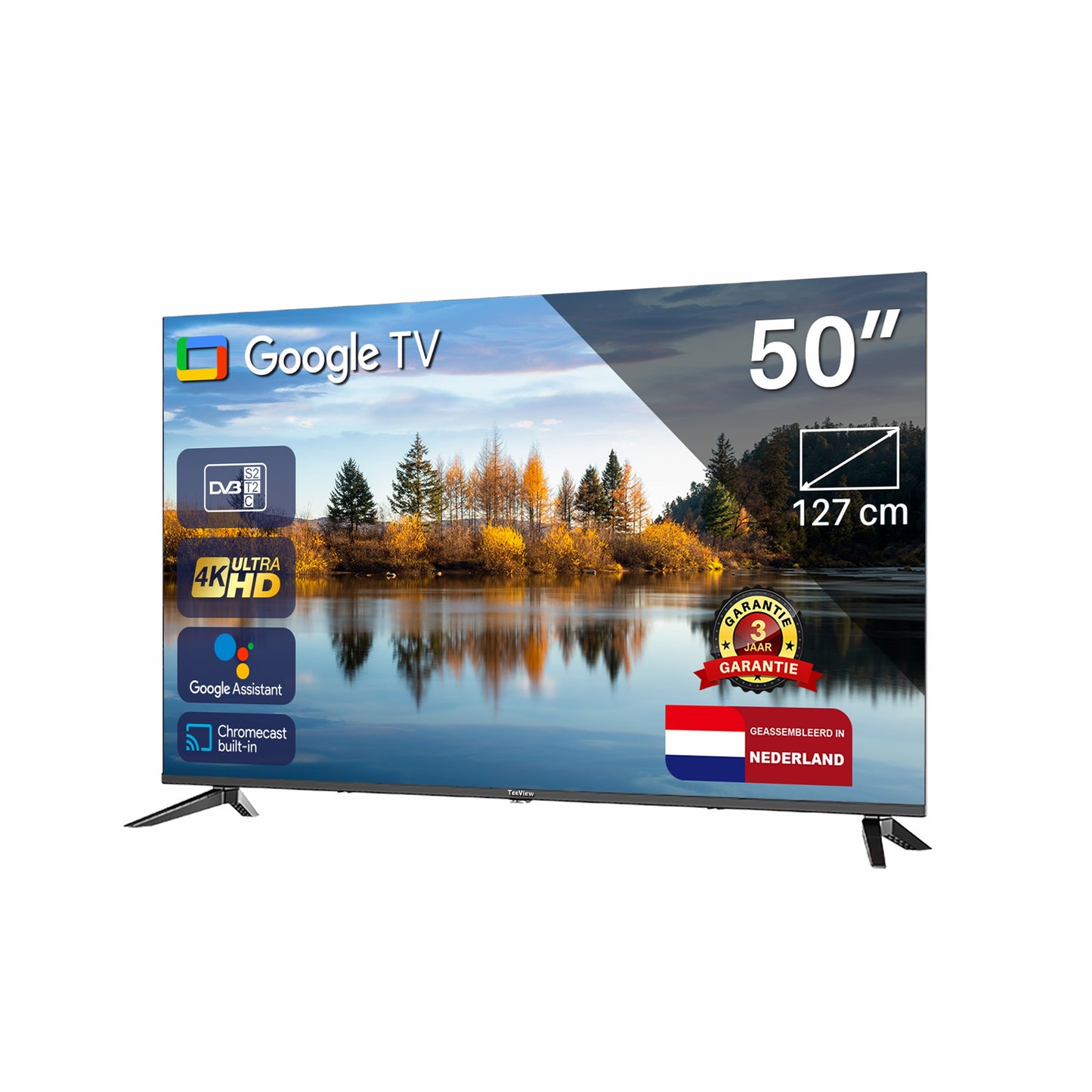 Google Smart TV | TeeView 50 inch 4K UHD Google TV | Frameless Design | Smart TV | 3xHDMI 2x USB | Ci+ | Triple Tuner DVB-T/T2/S/S2/C | Dolby Digital | HDR10 | in Eindhoven geassembleerd | TeeView TV50QUG-EU