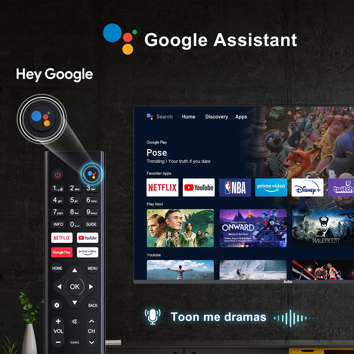 TuTu  Android Smart TV - LED 4K UHD - 43 inch/110 cm - Frameless Design - Tripple Tuner DVB-T/T2/S/S2/C - HDMI x3, USB x2, CI+ - Voice Controle & Streaming apps - Geassembleerd in Eindhoven - TUS43UQ1A
