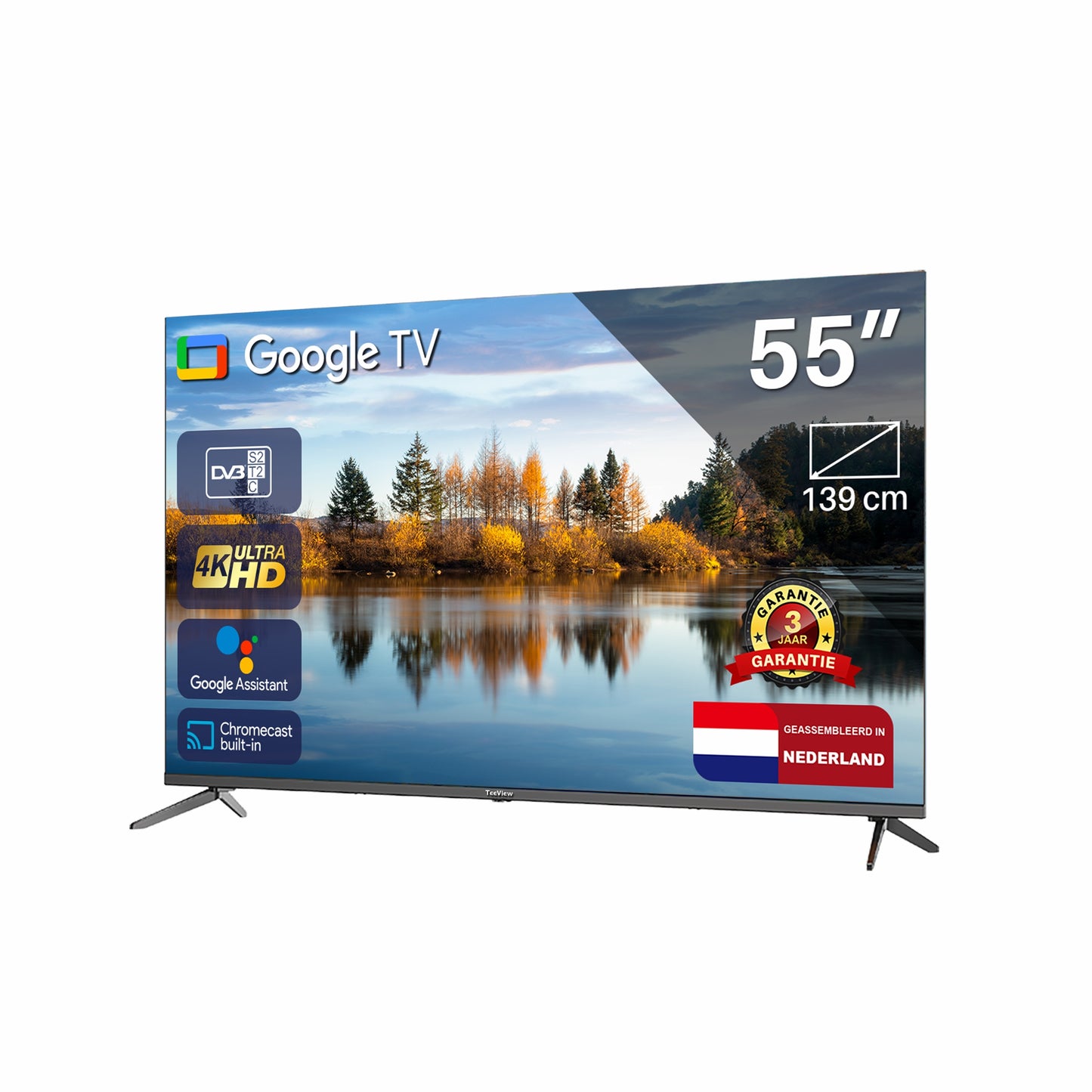 TeeView Google Smart TV - LED Ultra HD 4K – 55 inch/140 cm - Frameless Design - Tripple Tuner DVB-T/T2/S/S2/C - HDMI x3, USB x2, CI+ - Voice Controle & Streaming apps - Geassembleerd in Eindhoven - TV55QUG-EU