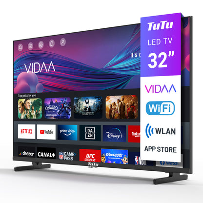TuTu Vidaa TV - LED HD - 32 inch/82 cm - Frameless Design - Tripple Tuner DVB-T/T2/S/S2/C - HDMI x3, USB x2, CI+ - Streaming apps - In Eindhoven geassembleerd -	TUV32HQ1B