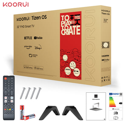 Koorui Smart TV - Tizen TV by Samsung - QLED Full HD - 32 inch/81 cm - Streaming apps - AirPlay - Hotelmodus - HDMI x3, USB x2, CI+ - Tripple Tuner DVB-T/T2/S/S2/C - Frameless Design - Geassembleerd in Eindhoven - K32Q1FFQ-T8