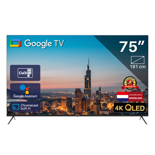 TeeView Google Smart TV - QLED 4K - 75 inch/191 cm - Frameless Design - Tripple Tuner DVB-T/T2/S/S2/C - HDMI x3, USB x2, CI+ - Voice Controle	& Streaming apps - In Eindhoven geassembleerd - TV75QQG-EU