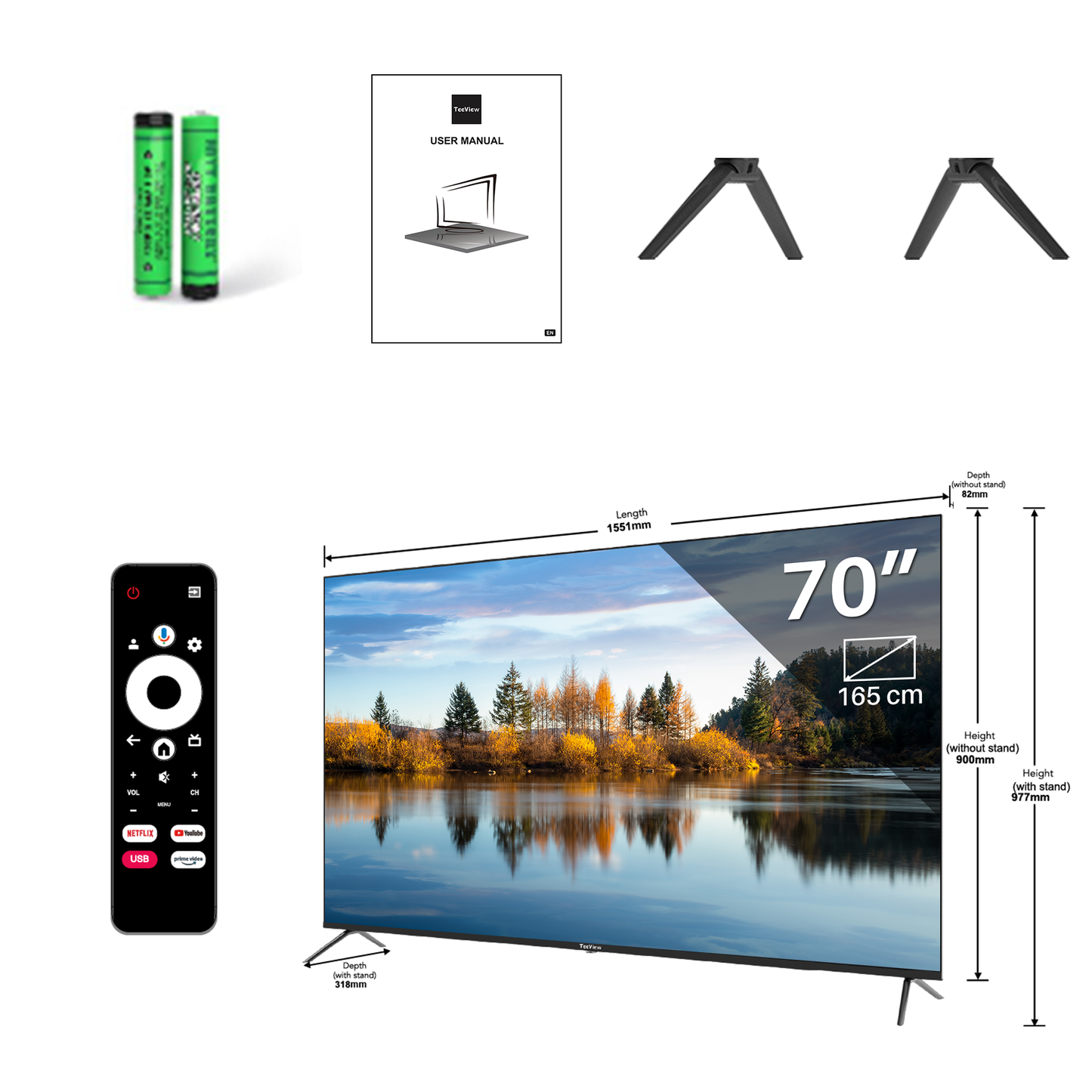 TeeView Google Smart TV - QLED 4K Ultra HD - 70 inch/177 cm - Frameless Design - Tripple Tuner DVB-T/T2/S/S2/C - HDMI x3, USB x2, CI+ - Voice Controle & Streaming apps - Geassembleerd in Eindhoven - TV70UQG-EU
