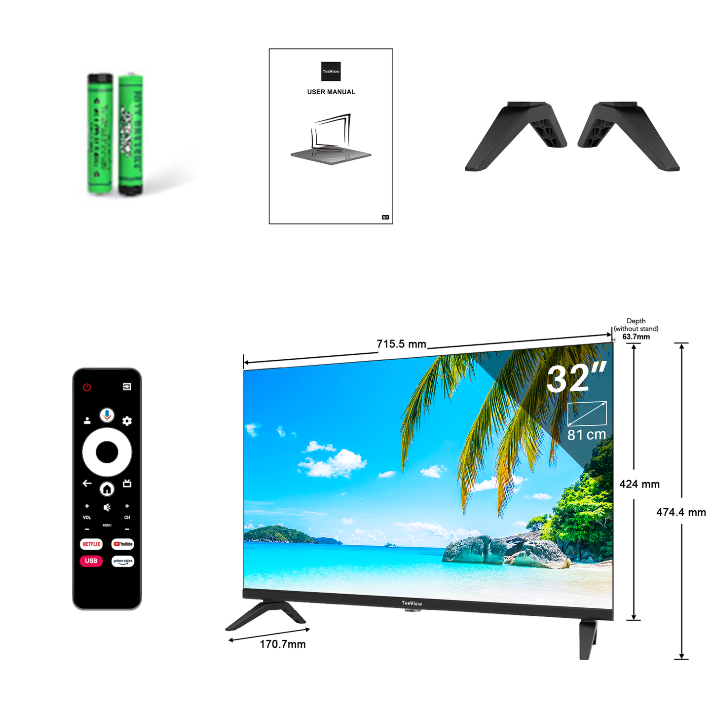 Google Smart TV | TeeView 32 inch LED TV | Frameless design | In Eindhoven geassembleerd | TV32QHG-EU