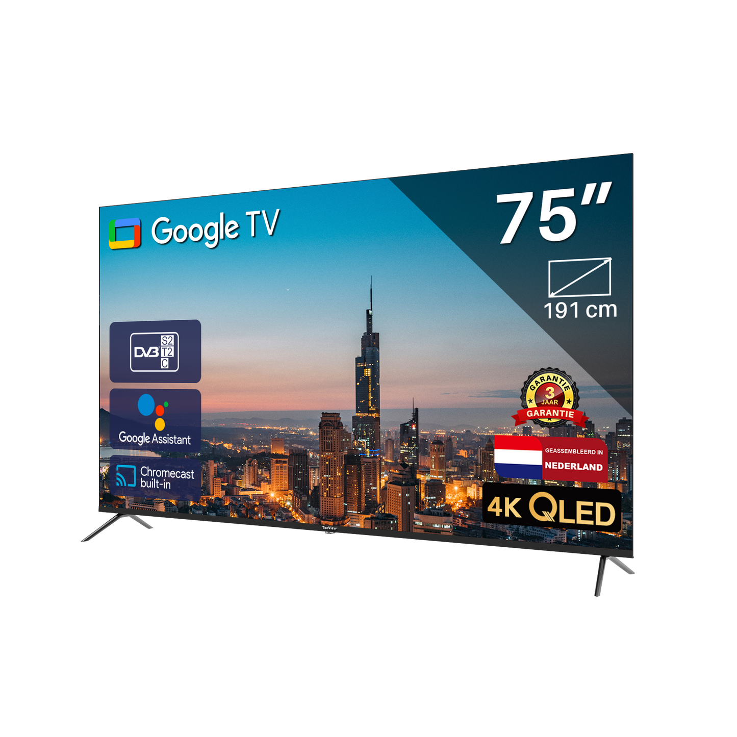 TeeView Google Smart TV - QLED 4K - 75 inch/191 cm - Frameless Design - Tripple Tuner DVB-T/T2/S/S2/C - HDMI x3, USB x2, CI+ - Voice Controle	& Streaming apps - In Eindhoven geassembleerd - TV75QQG-EU