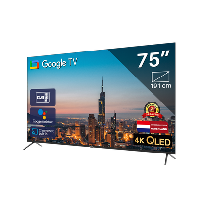 TeeView Google Smart TV - QLED 4K - 75 inch/191 cm - Frameless Design - Tripple Tuner DVB-T/T2/S/S2/C - HDMI x3, USB x2, CI+ - Voice Controle	& Streaming apps - In Eindhoven geassembleerd - TV75QQG-EU