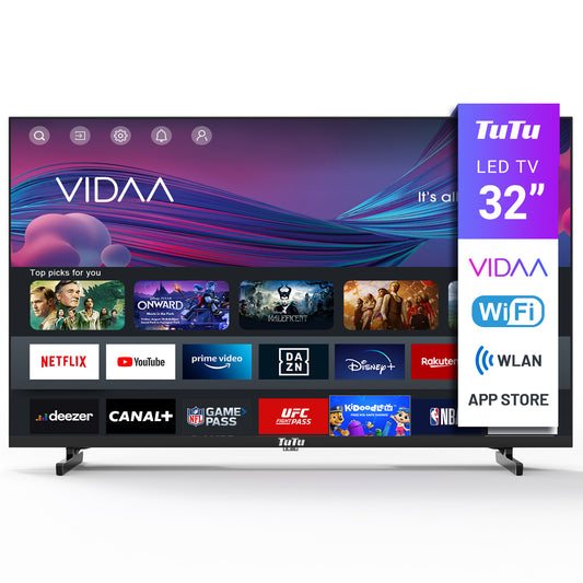 TuTu Vidaa TV - LED HD - 32 inch/82 cm - Frameless Design - Tripple Tuner DVB-T/T2/S/S2/C - HDMI x3, USB x2, CI+ - Streaming apps - In Eindhoven geassembleerd -	TUV32HQ1B