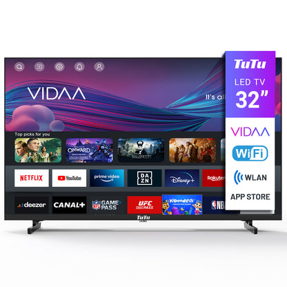 TuTu Vidaa TV - LED HD - 32 inch/82 cm - Frameless Design - Tripple Tuner DVB-T/T2/S/S2/C - HDMI x3, USB x2, CI+ - Streaming apps - In Eindhoven geassembleerd -	TUV32HQ1B