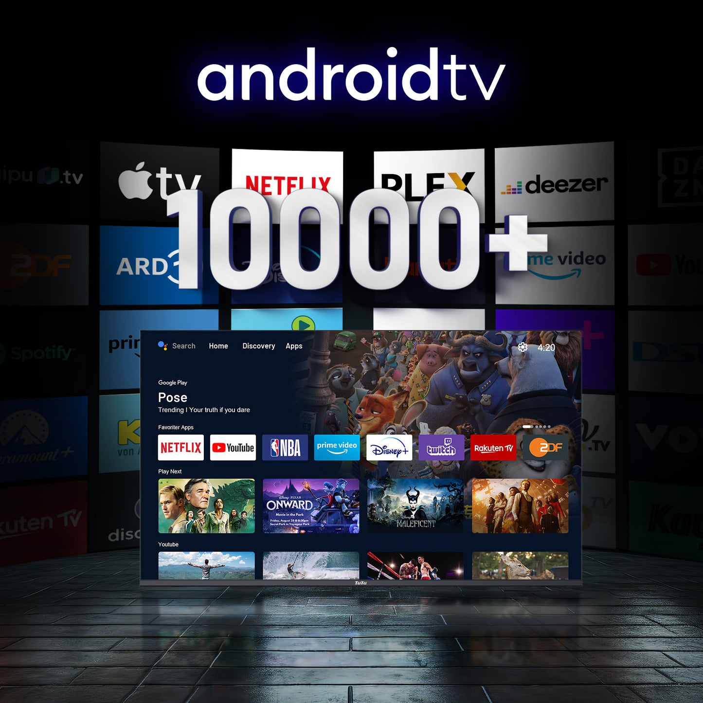 TuTu  Android Smart TV - LED 4K UHD - 43 inch/110 cm - Frameless Design - Tripple Tuner DVB-T/T2/S/S2/C - HDMI x3, USB x2, CI+ - Voice Controle & Streaming apps - Geassembleerd in Eindhoven - TUS43UQ1A