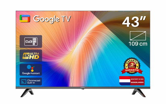 TEEVIEW TV43QUG Google Smart TV | 43 inch TeeView 4K UHD LED TV | 3xHDMI 2x USB | Ci+ | Triple Tuner DVB-T/T2/S/S2/C | Frameless Design | in Eindhoven geassembleerd
