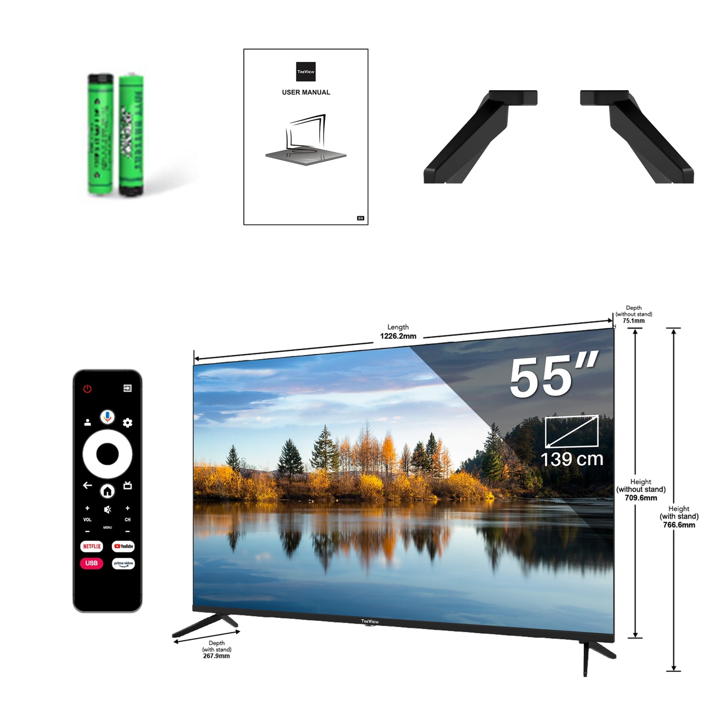 TeeView Google Smart TV - LED Ultra HD 4K – 55 inch/140 cm - Frameless Design - Tripple Tuner DVB-T/T2/S/S2/C - HDMI x3, USB x2, CI+ - Voice Controle & Streaming apps - Geassembleerd in Eindhoven - TV55QUG-EU