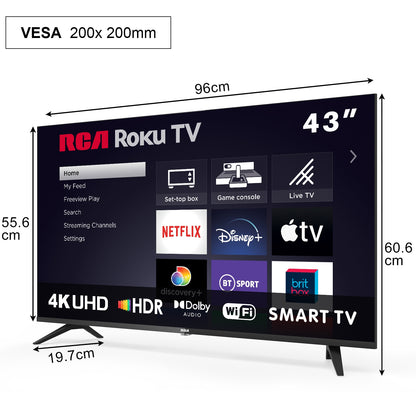 RCA  Roku Smart TV - LED UHD 4K - 43 inch/110 cm - Frameless Design - Tripple Tuner DVB-T/T2/S/S2/C - HDMI x3, USB x2, CI+ - Geassembleerd in Eindhoven - RK43UN1