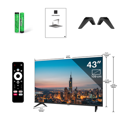 Google Smart TV | TeeView 43 inch QLED TV, 4K Ultra HD Google TV | 3xHDMI 2x USB | Ci+ | Triple Tuner DVB-T/T2/S/S2/C | Frameless Design | in Eindhoven geassembleerd | TV43QQG-EU