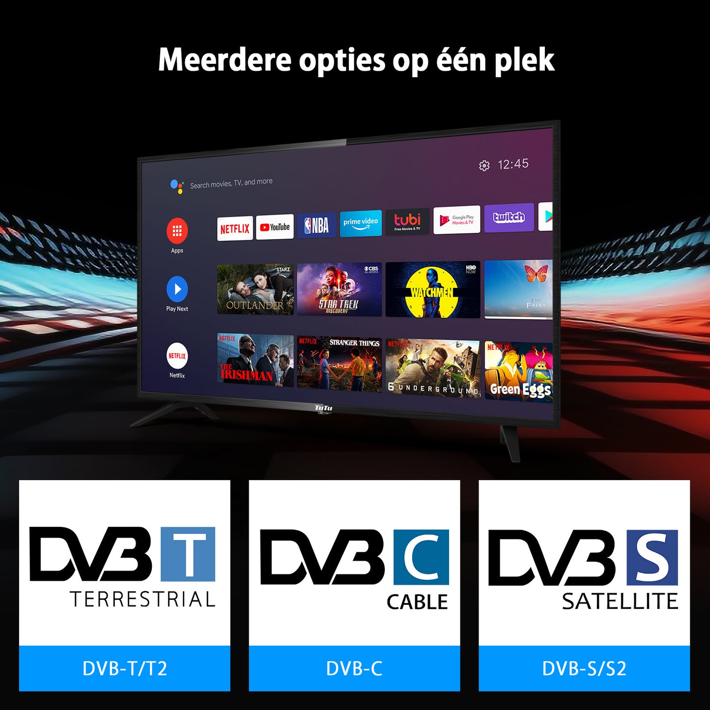 TuTu Android Smart TV - LED Full HD - 42 inch/108 cm - Frameless Design - Tripple Tuner DVB-T/T2/S/S2/C - HDMI x2, USB x2, CI+ - Voice Controle & Streaming apps - Geassembleerd in Eindhoven - TUS42FD1A