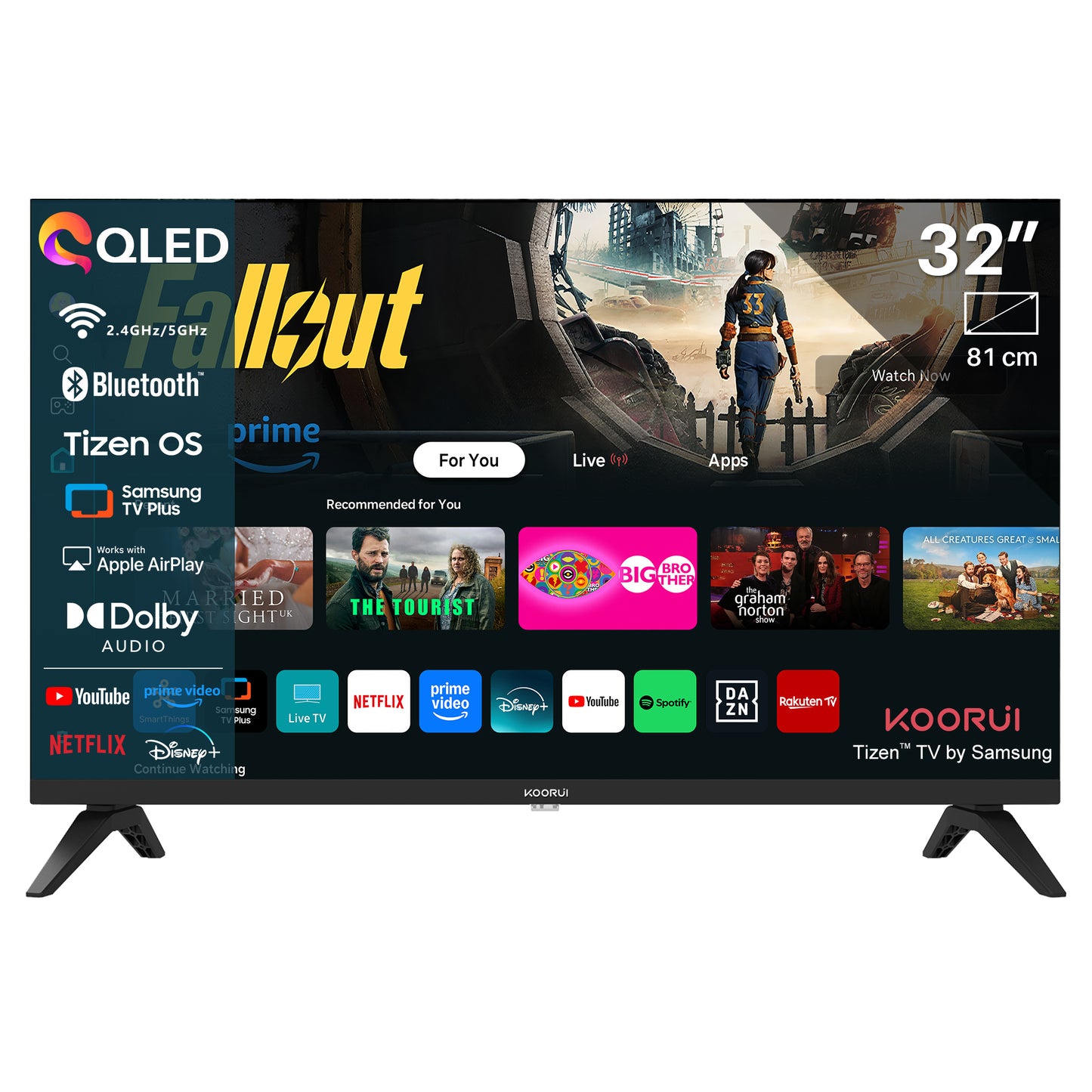 Koorui Smart TV - Tizen TV by Samsung - QLED Full HD - 32 inch/81 cm - Streaming apps - AirPlay - Hotelmodus - HDMI x3, USB x2, CI+ - Tripple Tuner DVB-T/T2/S/S2/C - Frameless Design - Geassembleerd in Eindhoven - K32Q1FFQ-T8