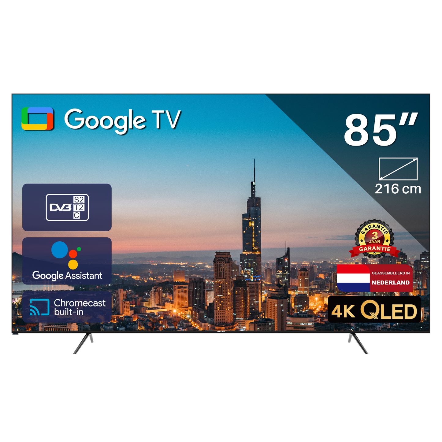 Google Smart TV | TeeView 85 inch QLED | 4K Ultra HD | 3xHDMI 2x USB | Ci+ | Triple Tuner DVB-T/T2/S/S2/C | Frameless Design | in Eindhoven geassembleerd | TV85QQG-EU