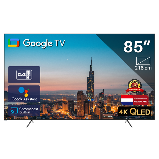 Google Smart TV | TeeView 85 inch QLED | 4K Ultra HD | 3xHDMI 2x USB | Ci+ | Triple Tuner DVB-T/T2/S/S2/C | Frameless Design | in Eindhoven geassembleerd | TV85QQG-EU