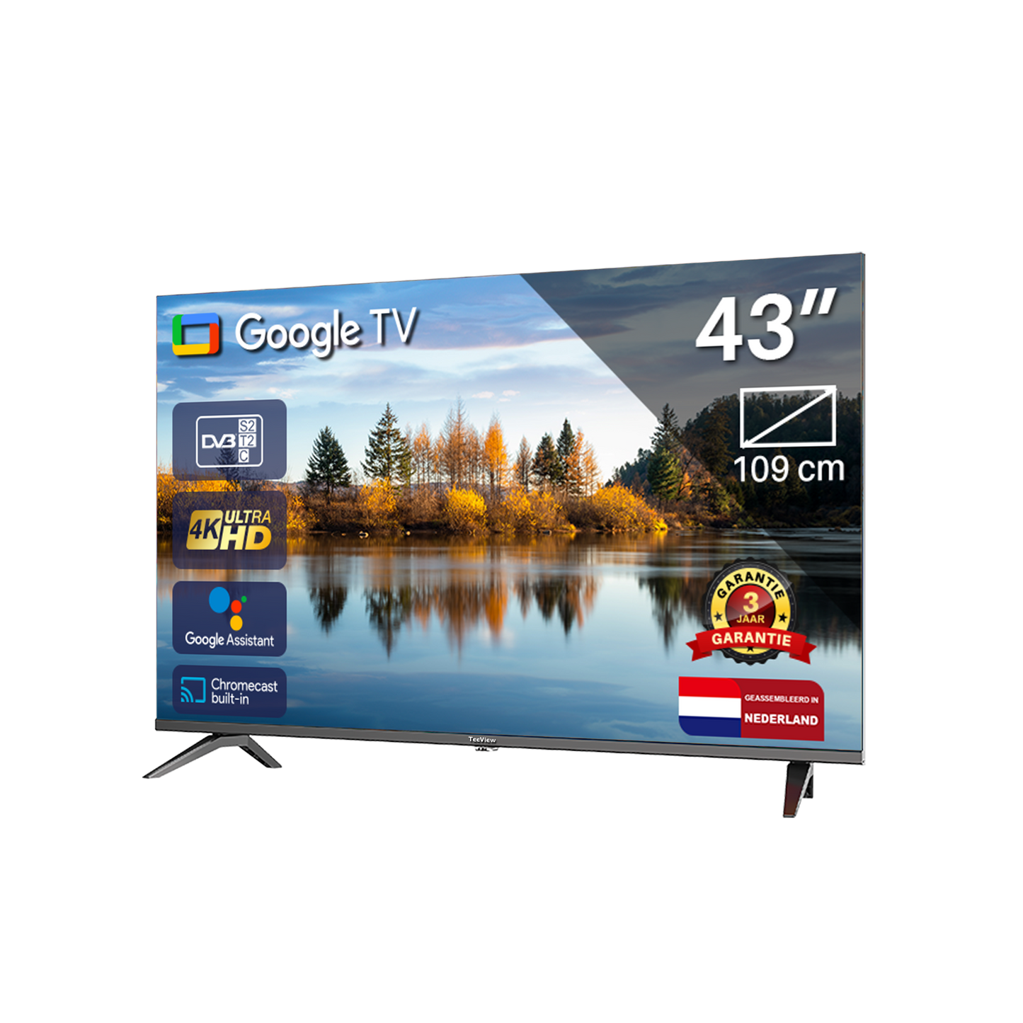 Google Smart TV | TeeView | 43 inch TeeView 4K UHD LED TV | 3xHDMI 2x USB | Ci+ | Triple Tuner DVB-T/T2/S/S2/C | Frameless Design | in Eindhoven geassembleerd | TV43QUG-EU