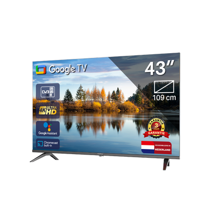 Google Smart TV | TeeView | 43 inch TeeView 4K UHD LED TV | 3xHDMI 2x USB | Ci+ | Triple Tuner DVB-T/T2/S/S2/C | Frameless Design | in Eindhoven geassembleerd | TV43QUG-EU