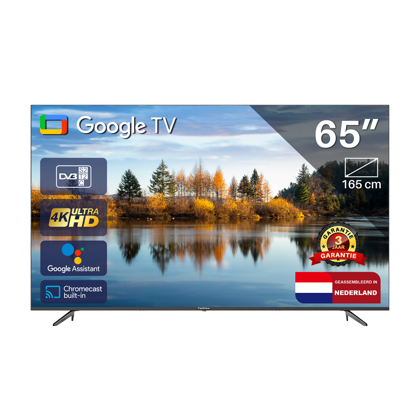 Google Smart TV | TeeView 65 inch 4K Ultra HD | 3xHDMI 2x USB | Ci+ | Triple Tuner DVB-T/T2/S/S2/C | Frameless Design | in Eindhoven geassembleerd | TV65QUG-EU
